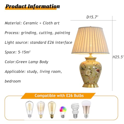 American Flower&Bird Ceramic Table Lamp, Hand-Painted Chinoiserie Lamps, Fabric Lampshade Nightstand Lamp for Bedroom Living Room Office College Bookcase