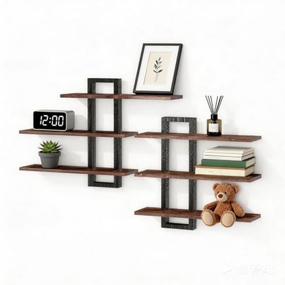 2 Pack 23 Inch Wood Floating Shelves for Wall Decor, 3 Tier Rustic Brown and Black Decorative Hanging Storage Display Wall Shelf for Bathroom Living Room Bedroom Kitchen Home Office (2, Rectangular)