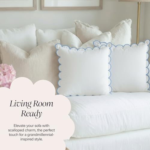 BEBE BASK Scalloped Pillow Cover Set of 2, 18x18, 100% Cotton - White/Blue - color: White/Blue