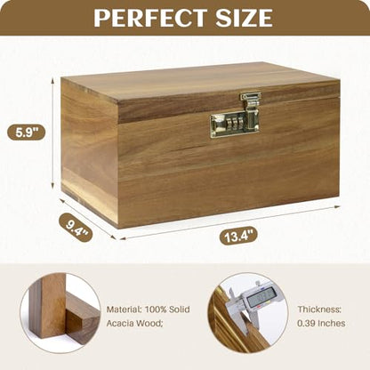 X-Large Acacia Wooden Keepsake Box with Hinged Lid & Locking Key