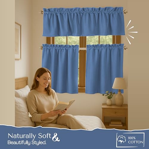 Native Fab 3 Piece Window Curtain Tiers 26"x36" and Valance 54"x18" Set - Rod Pocket - Semi Sheer - Short Curtain for Kitchen, Cafe, Living Room - Sky Blue - color: Sky Blue
