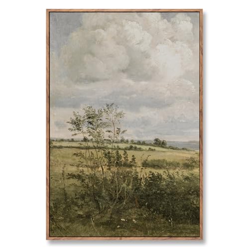 ElfLuna Wood Framed Canvas, Vintage Wildflower Field Landscape Print | Vintage wildflower framed canvas. Retro farmhouse style, HD print, solid wood frame, lovely indoor wall decor. - color: Cloud Field, size: 24"L x 16"W
