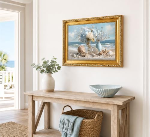 Coastal BathroVintage Ocean Hydrangea Artwork with Starfish Shells for Bathroom,Powder Room,Guest Bath,Beach House,Cottage Picture Decor om Wall Art Gold Framed Blue Floral Beach Decor 16x24in - color: Coastal, size: 24"L x 16"W