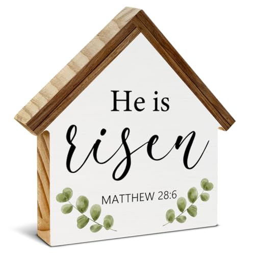 Easter Decor, He Is Risen House Shaped Wood Block Sign - color: He