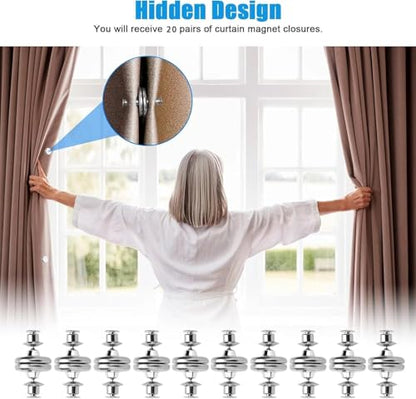 20 Pairs Magnetic Curtain Clips with Tacks - Strong Double Sided Curtain Magnets Closure - 0.8" No-Tool Weighted Magnets for Curtains Prevent Light Leaking & Secure Drapes for Home, Bedroom, Office - color: 20 Pairs