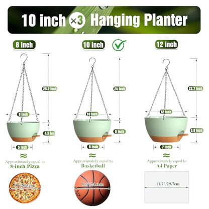 10 Inch Self-Watering Hanging Planters Set of 3 with Saucers - color: Green Brown, size: 10 Inch 3 Pack