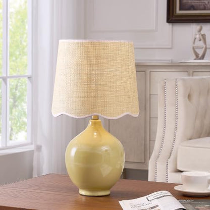 21"H Butter Yellow Ceramic Table Lamp with Beige Faux Rattan Drum Shade - color: Butter Yellow