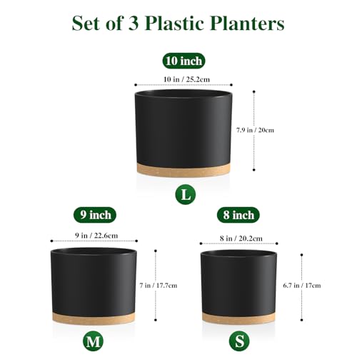 Plant Pots, 10/9/8 Inch 3 Pack Cylindrical Flower Pots with Drainage Holes and Saucers, Plastic Planters for Outdoor Indoor Plants,Black Brown - color: Black With Brown