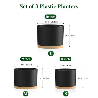Plant Pots, 10/9/8 Inch 3 Pack Cylindrical Flower Pots with Drainage Holes and Saucers, Plastic Planters for Outdoor Indoor Plants,Black Brown - color: Black With Brown