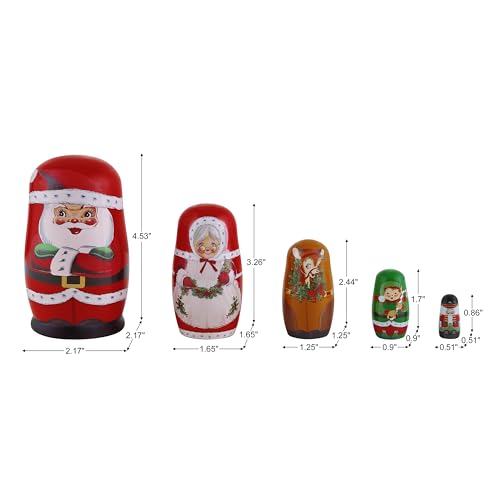 Mr. Christmas Set of 5 Nesting Wooden Christmas Figurines with Santa, Mrs. Claus, Reindeer, Elf, and Nutcracker, Hand Painted Holiday Decoration