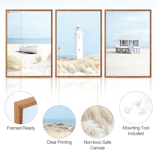 Aurlan 3 Pcs Blue Beach Coastal Framed Canvas Wall Art 16x24 Inch - color: Blue Coastal Beachy Seascape, size: 16"L x 24"W