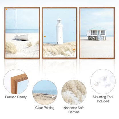 Aurlan 3 Pcs Blue Beach Coastal Framed Canvas Wall Art 16x24 Inch - color: Blue Coastal Beachy Seascape, size: 16"L x 24"W