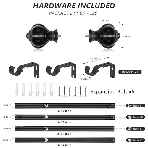 Ceramic Curtain Rods for Windows 66 to 120 Inch 1 Inch Adjustable - color: Black Black, size: 66"-120"