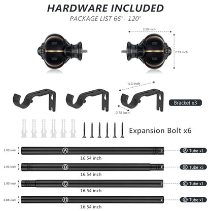 Ceramic Curtain Rods for Windows 66 to 120 Inch 1 Inch Adjustable - color: Black Black, size: 66"-120"
