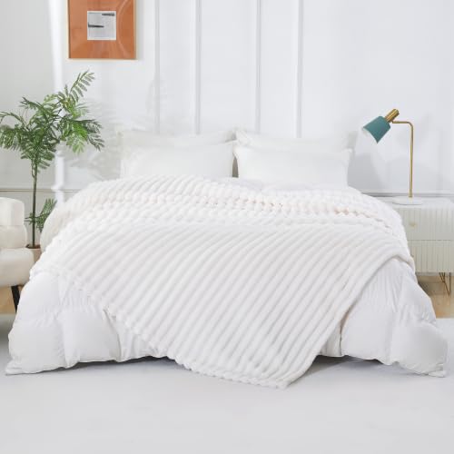 Taliska Ribbed Fleece Throw Blanket for Bed, White, 90"x90" - color: White, size: Throw(90"x90")