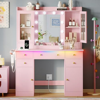 Xixini 44" Vanity Desk with Mirror & Lights, Glass Storage Cabinets, Pink - color: Pink