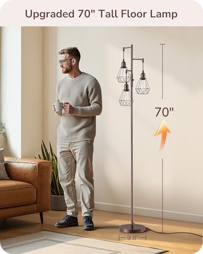 EDISHINE 70" Industrial 3 Light Floor Lamp with 3 LED Bulbs, Dimmable - color: Brown