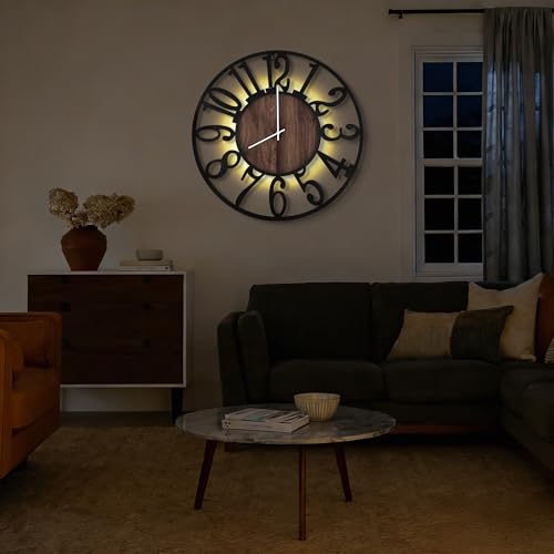 30" Silent Large Wall Clock – Adjustable Night Light, Battery Operated - color: Black Walnut - Arabic Numerals, size: 30 inch(76 cm)