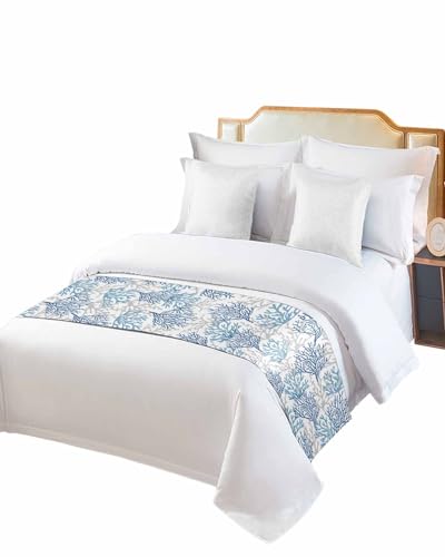 DecorLovee Navy Blue Coral Coastal Bed Runners for Queen Size Bed, Beach Bed Throws for Foot of Bed, Nautical Bedding Scarf - color: Navy Blue Coral, size: 83"x20" for Queen Bed