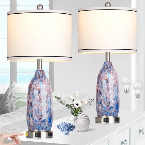 Rinweey 26" Coastal Glass Table Lamps Set of 2,Nautical lamp with USB A+C Ports & AC Outlet,Bule Bedside Lamps with 3-Way Dimmable Touch Control Night Light for Bedroom Living Room(Bulbs Included) - color: Multicolor