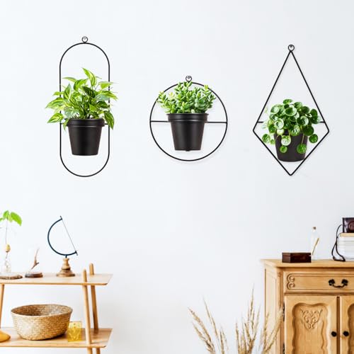 Geometric Wall Planters for Indoor Plants Set of 3 Black Metal Wall Mounted Plant Holder (Diamond & Oval & Round Shapes) with 5 Inch Flower Pots, Modern Hanging Planters for Indoor Decor