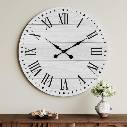 Large Wall Clock with Roman Numeral, 28” Shiplap Farmhouse Clock - color: White, size: 28 Inch