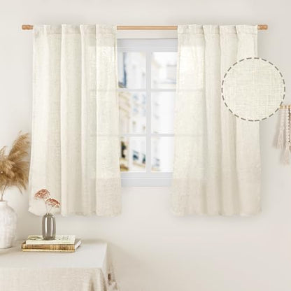 LAMIT Semi Sheer 48 Inch Linen Curtains for Cafe 2 Panel 34 x 48 Inch - color: Natural, size: 34"W x 48"L (Pack of 2)