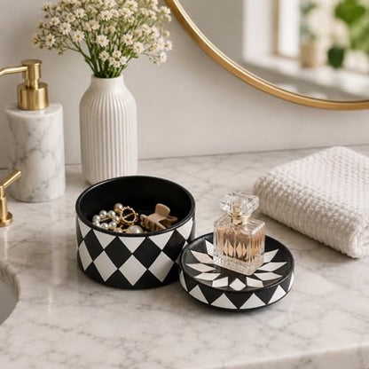 Decorative Storage Box with Lid, Black and white checkerboard Jewelry Box, Modern Round Decorative Box for Dresser, Coffee Table, Entryway Ideal for Jewelry, Trinkets And Small Accessories