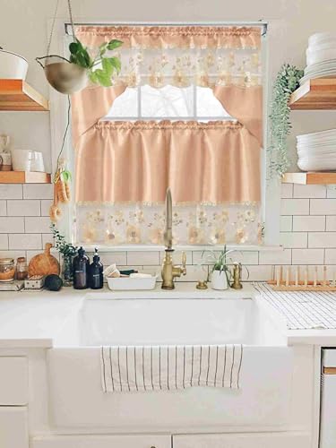 Generic 3-Piece Set Embroidered Window Curtain 2 Panels 1 Valance for Kitchen Restaurant Bar BR (Gold BR-03) - color: Gold Br-03