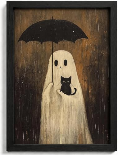 Framed Spooky Cute Ghost Black Cat Wall Art,Halloween Moody Painting Picture Wall Decor,Whimsical Ghost Umbrella Poster Print Artwork,for Living Room Bedroom Bathroom Home Decoration. - color: Ghost and Black Cat, size: 10"L x 8"W