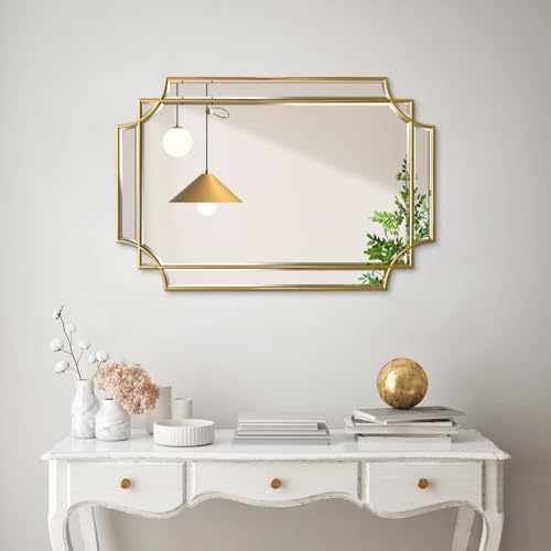 30"x20" Geometric Rectangle Beveled Mirror with Gold Wood Frame - color: Gold, size: 30"L x 20"W