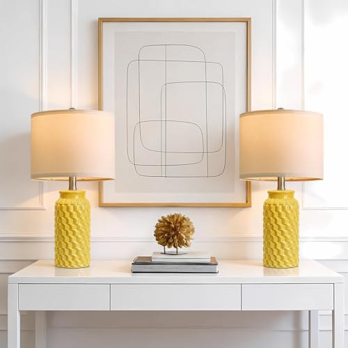 USumkky 20.5" Ceramic Table Lamps Set of 2 - Modern Farmhouse & Boho Style, Bedside Nightstand Lamps for Bedroom, Living Room End Table Lamps, Small Desk Lamp(Yellow) - color: 20.5" Yellow