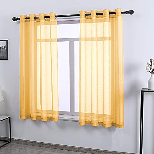 DONREN Gold Yellow Textured Sheer Luxury Look Curtains Privacy Protected Natural Light Through Drapes for Bedroom 52 W x 63 L Inch 2 Panels - color: Gold Yellow, size: 52"W x 63"L (Pack of 2)