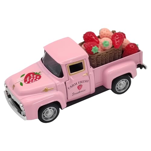 4.9″ Mini Vintage Strawberry Pink Metal Farm Truck Decor with Fake Strawberries, Home Kitchen Centerpieces for Tables Farmhouse Pickup Tiered Tray Stand Decorations, Spring & Christmas Desk Display - color: Pink-strawberry