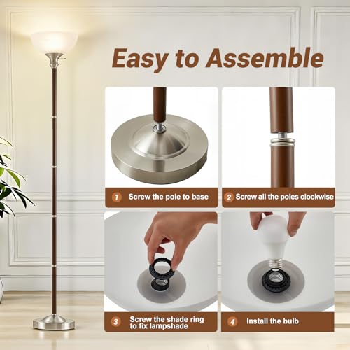 EJIAXIN 72" Wood Torchiere Floor Lamp with Glass Shade Walnut Standing Lamp - color: Walnut