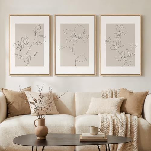 Framed Neutral Minimalist Floral Wall Art for Living Room, 3 Piece 16x24 In - color: Beige, size: 16" W x 24" H x 3Pcs