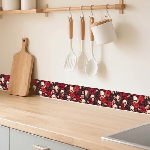 IVN Wallpaper Border Peel and Stick Wall Skull and Rose Floral 4x196 Inch - color: Halloween Skull Rose