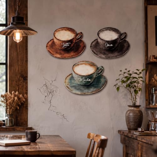Blulu 3 Pcs Coffee Cup Wooden Wall Art Decor with Metal Hook for Kitchen