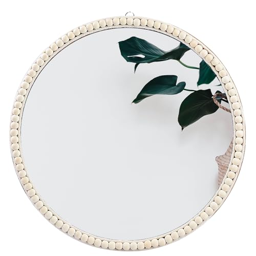 20 Inch Boho Beaded Round Mirror Wall Decor, Decorative Hanging Circle Nursery Mirrors for Girl Room, Farmhouse, Livingroom, Bedroom - size: 20"L x 20"W