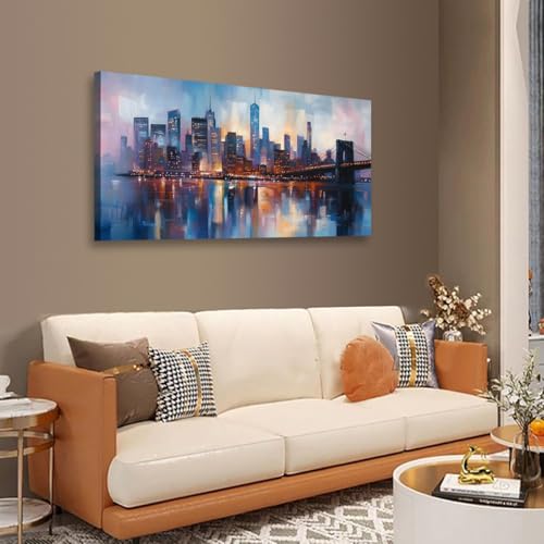 Abstraction Pictures Canvas Wall Art for Living room Office Bedroom Wall Decor,City Wall Art Print Paintings Modern Blue Great bridge Artwork Waterproof Ready to Hang-20x40inch - color: Blue abstract city night view, size: 40"L x 20"W