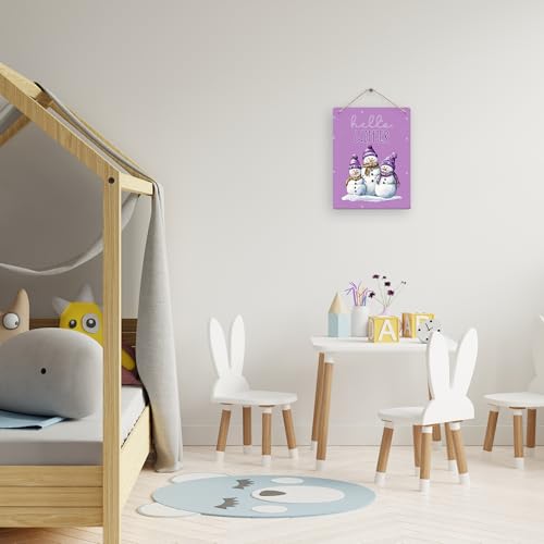 Purple Hello Winter Snowman Hanging Wooden Signs 10x8, Snowman Winter Signs, Winter Door Sign, Purple Snowman Winter Snowflakes Home Room Office Hanging Wall Decor - color: purple