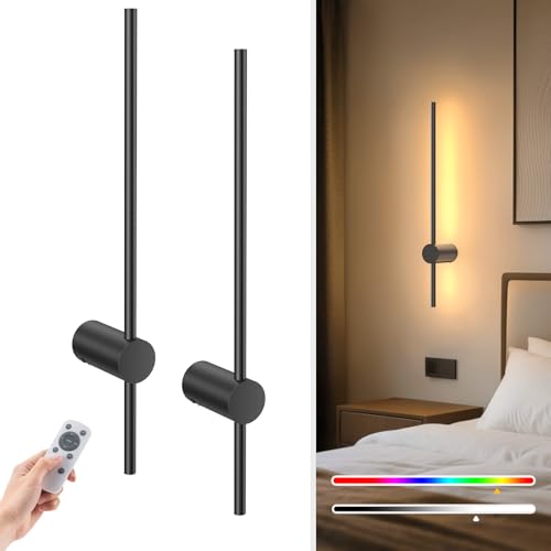 NIORSUN 24 Inch Battery Operated Wall Sconce Set of 2,Black Minimalist Rechargeable LED Wall Lights with Remote, 10 Colors Dimmable Wireless Wall Lamp for Living Room Bedroom Hallway - color: Black, size: 24 Inch