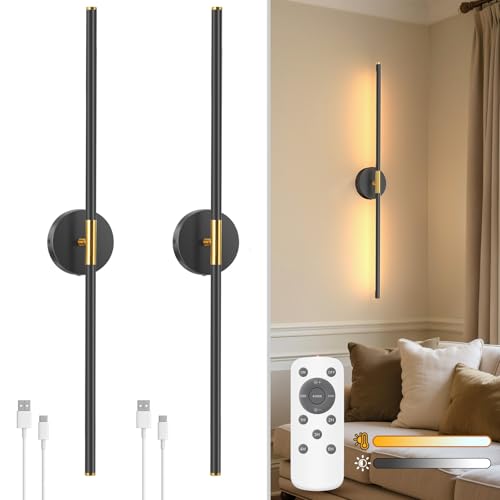 NIORSUN 35 Inch Battery Operated Wall Sconce Set of 2, 360° Rotation Gold Black Rechargeable Wall Lights with Detachable Tube and Remote, 3CCT Dimmable Wall Lamp for Living Room Bedroom Hallway - color: Gold Black, size: 35 Inch
