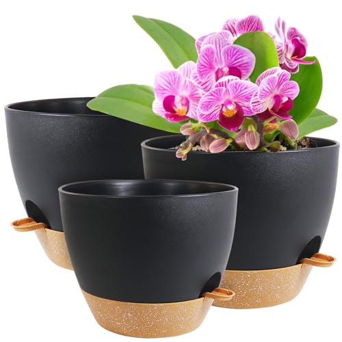 WSMKSZ 12/10/9 inch Large Self Watering Pots for Indoor Plants, Set of 3 - color: Black With Brown, size: 12"+10"+9"
