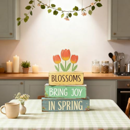 Spring Decoration Wooden Tiered Tray Decor – Tulip Blossoms Spring Stacked Block Sign with Floral Accent – Farmhouse Tabletop Spring Decor for Shelf Mantel Seasonal Home Display - style: Tulip