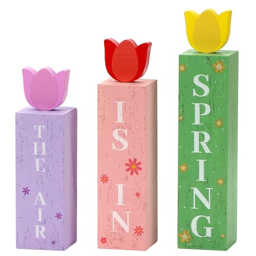 3 Pcs Spring Tulips Wood Table Decor Tulip Flower Block Signs Hello Spring Flowers Table Centerpieces Tulips Spring Holiday Decoration for Home Kitchen Office Desk Easter Decor - style: Spring Tulip