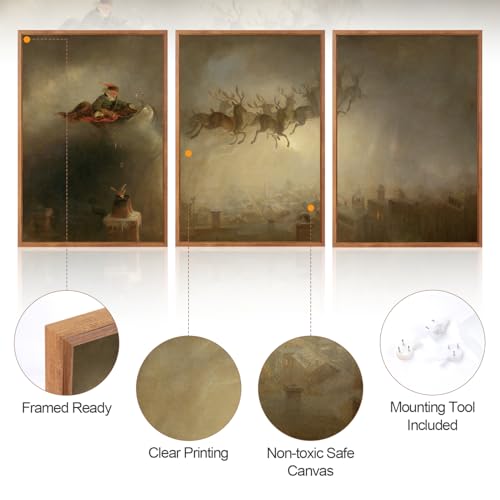 Aurlan 3 Pcs Santa Sleign Rides Framed Canvas Wall Art 16x24 Inch - color: Santa's Sleigh, size: 16"L x 24"W