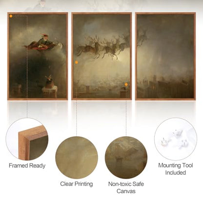 Aurlan 3 Pcs Santa Sleign Rides Framed Canvas Wall Art 16x24 Inch - color: Santa's Sleigh, size: 16"L x 24"W