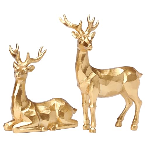 Golden Reindeer Christmas Figurines Set of 2, Resin Golden Tabletop Christmas Reindeer, Metallic Gold Reindeer Decor for Holiday Tabletop, Mantel, and Shelf Elegant Deer Christmas Decor - color: Christmas Reindeer