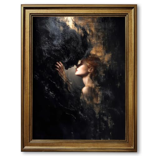 Dark Romance Couple Wall Art Canvas Print Vintage Dark Academia Wolf and Woman Painting Moody Lovers Poster Gothic Surrealism Wall Decor Fantasy Artwork for Bedroom Office 8x10inch Retro Gold Frame - color: Style-7 Golden Frame, size: 8"L x 10"W